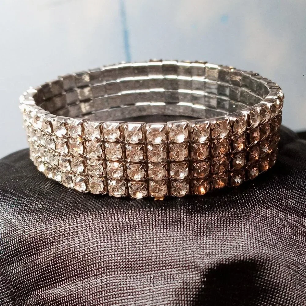 Chic & Stunning Clear Rhinestone 4-Row Stretch Glamorous Bling Cuff Bracelet - Picture 9 of 10